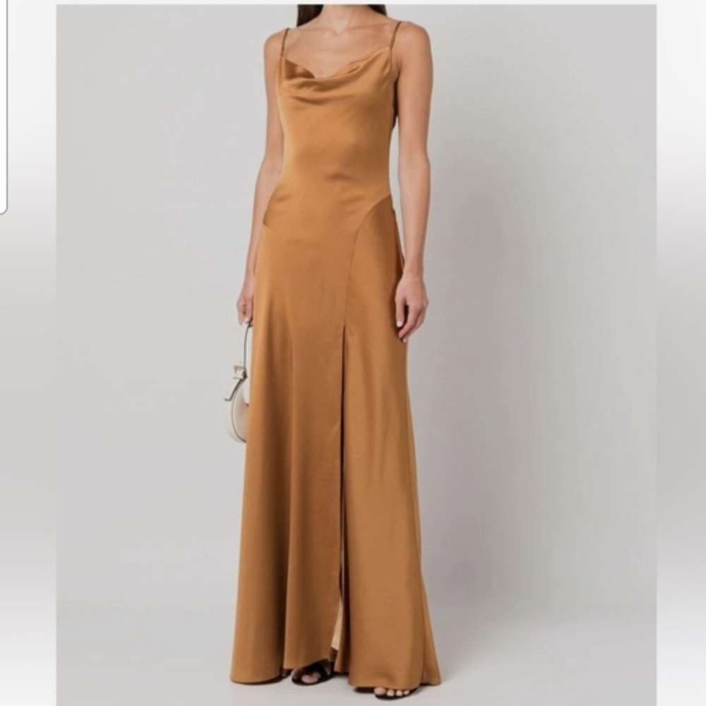 Jonathan Simkhai Camel Satin Cowl-Neck Maxi Dress